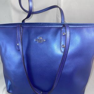 Coach City Zip Metallic Blue Cross Leather Tote